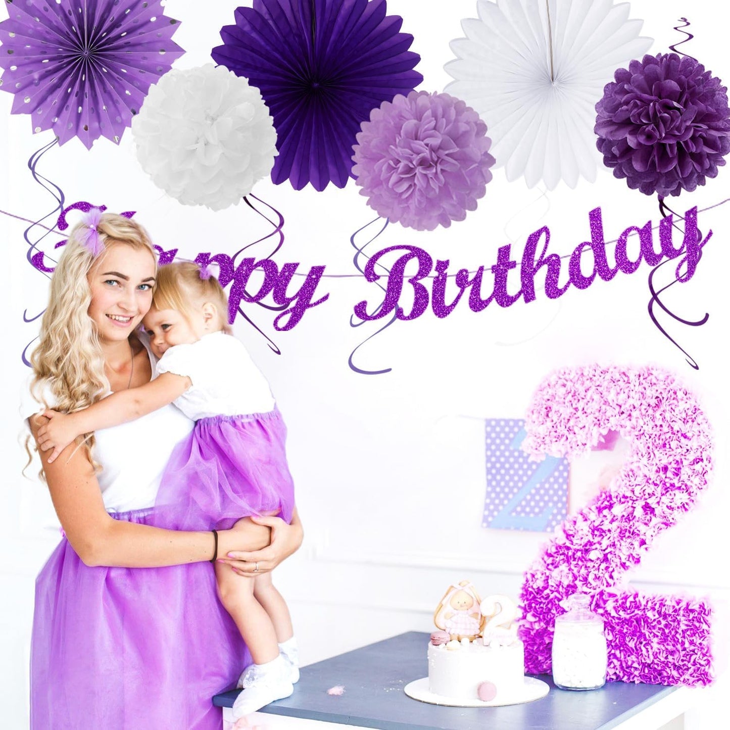 Purple Lilac-Lavender White Women Birthday Party-Decorations - 21pcs Happy Banner,Paper
