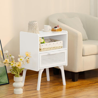 Lerliuo Rattan Nightstands Set of 2, Side Table with Drawer Open Shelf, Cane Accent Bedside End