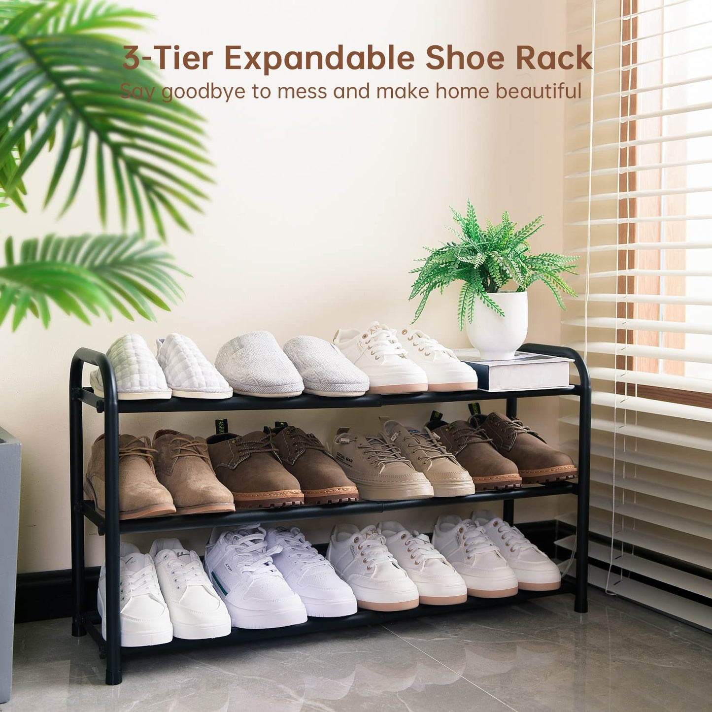 Gonfoam Expandable 3-Tier Shoe Rack for Closet and Entryway, Black