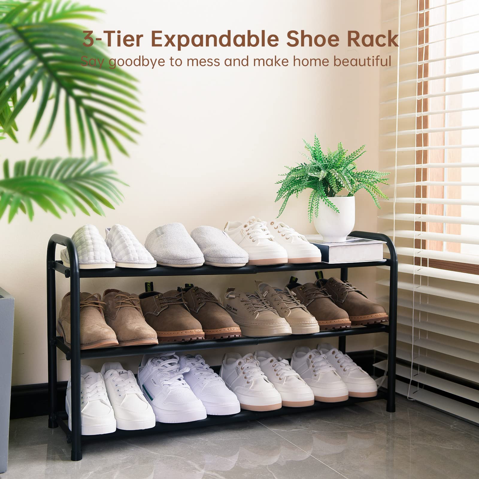Gonfoam Expandable 3-Tier Shoe Rack for Closet and Entryway, Black