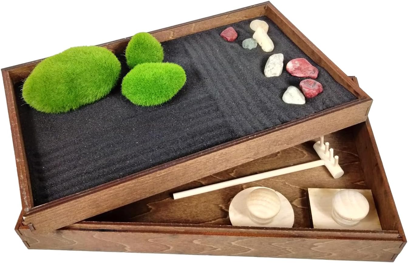 Wooden Stackable Zen Garden | Moonless Night Sand with Rake & Accessories | Minimalist Decor Gift