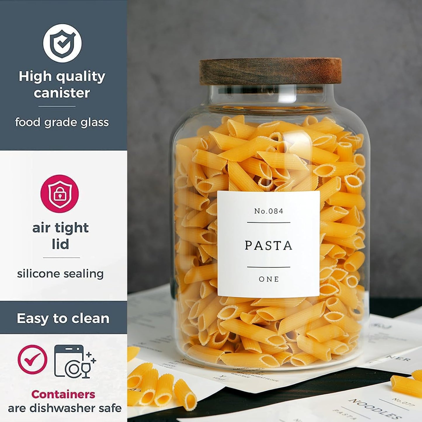 Set Of 2 Large Glass Jar with Wooden Lid with 132 Labels, Glass Storage Jars for Flour Pasta Candy