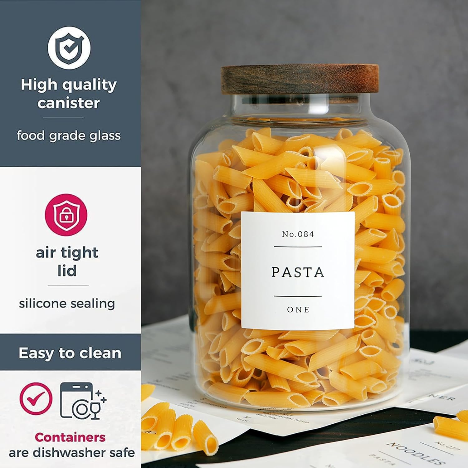 Set Of 2 Large Glass Jar with Wooden Lid with 132 Labels, Glass Storage Jars for Flour Pasta Candy