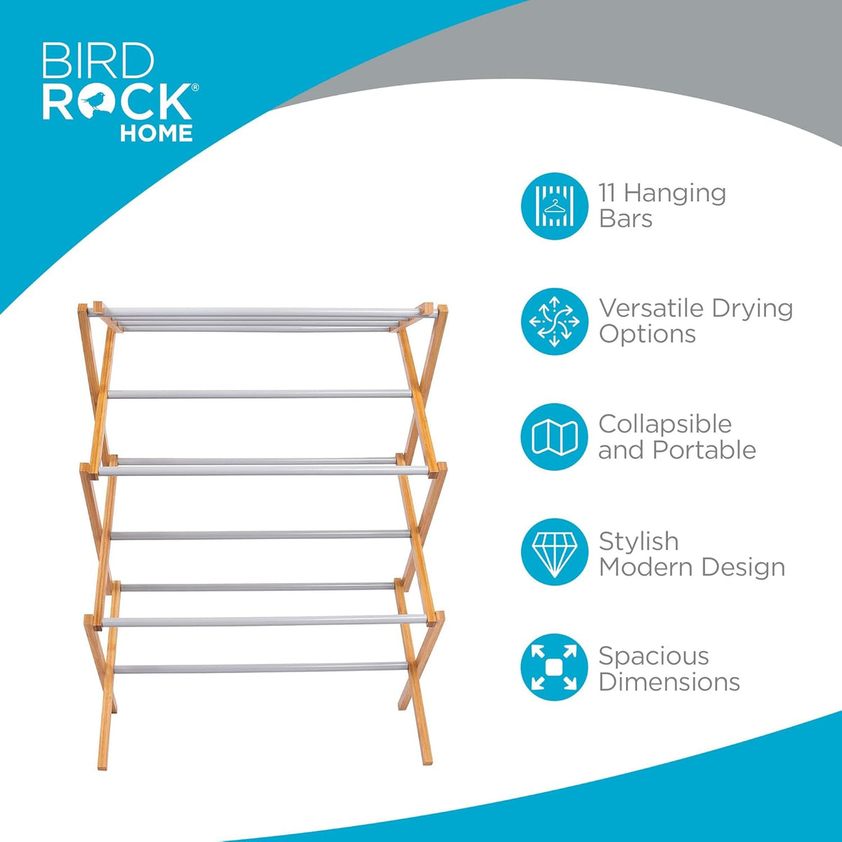 BirdRock Home Wooden Clothes Drying Rack | 3-Tier Foldable Bamboo Laundry Stand | Water-Resistant