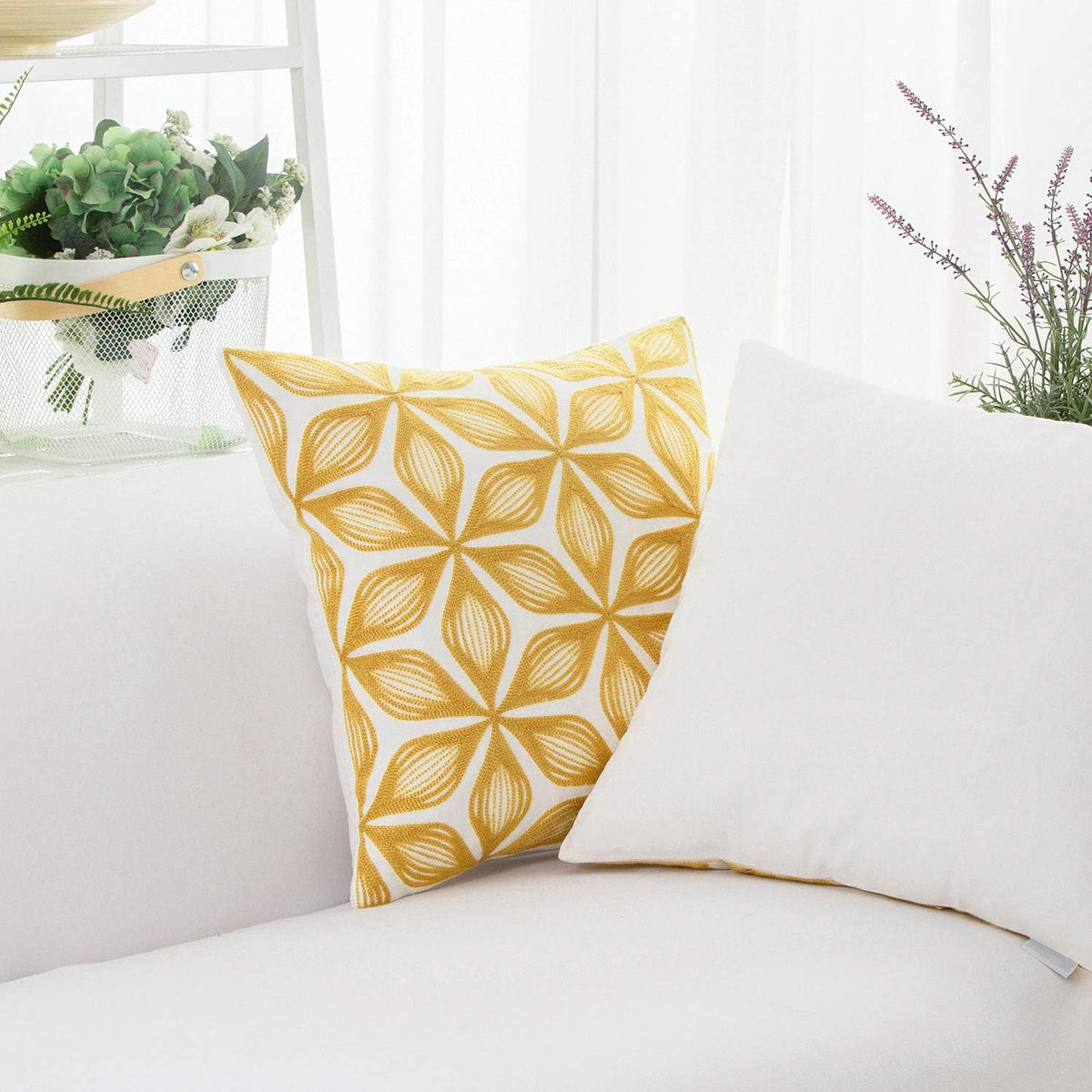 HWY 50 Yellow Decorative Throw Pillow Covers 18x18 Inch (1 Piece), Embroidered Cotton Farmhouse