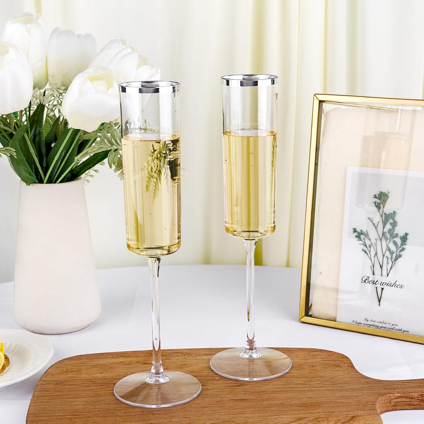 Ciaell 24 Pack Silver Plastic Champagne Flutes - 6 Oz Disposable Champagne Glasses - Square Silver