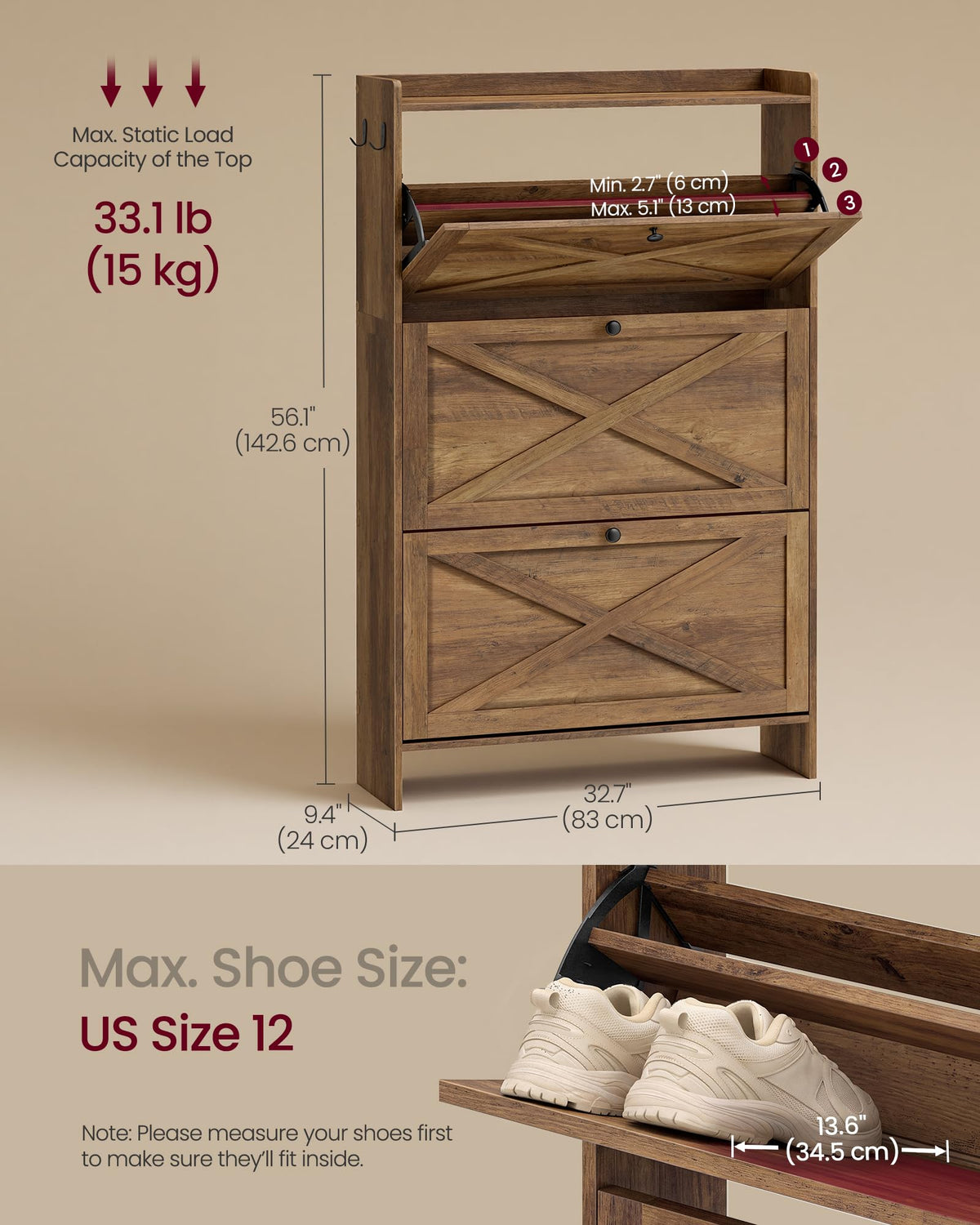 VASAGLE Shoe Storage Cabinet Organizer with 3 Flip Drawers, Freestanding Narrow Shoe Rack Cabinet