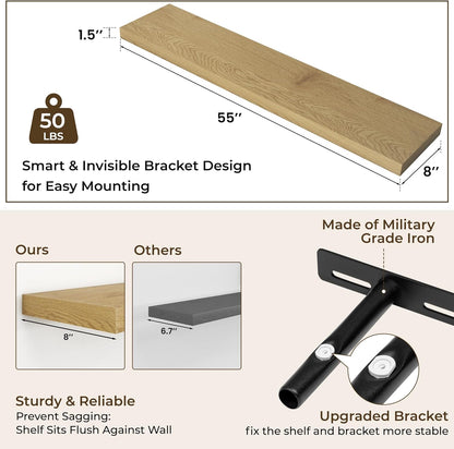RICHFOCUS 55Inch Floating Shelves for Wall 2 Pack Shelves for Bedroom|Kitchen|Bathroom Wall Mounted