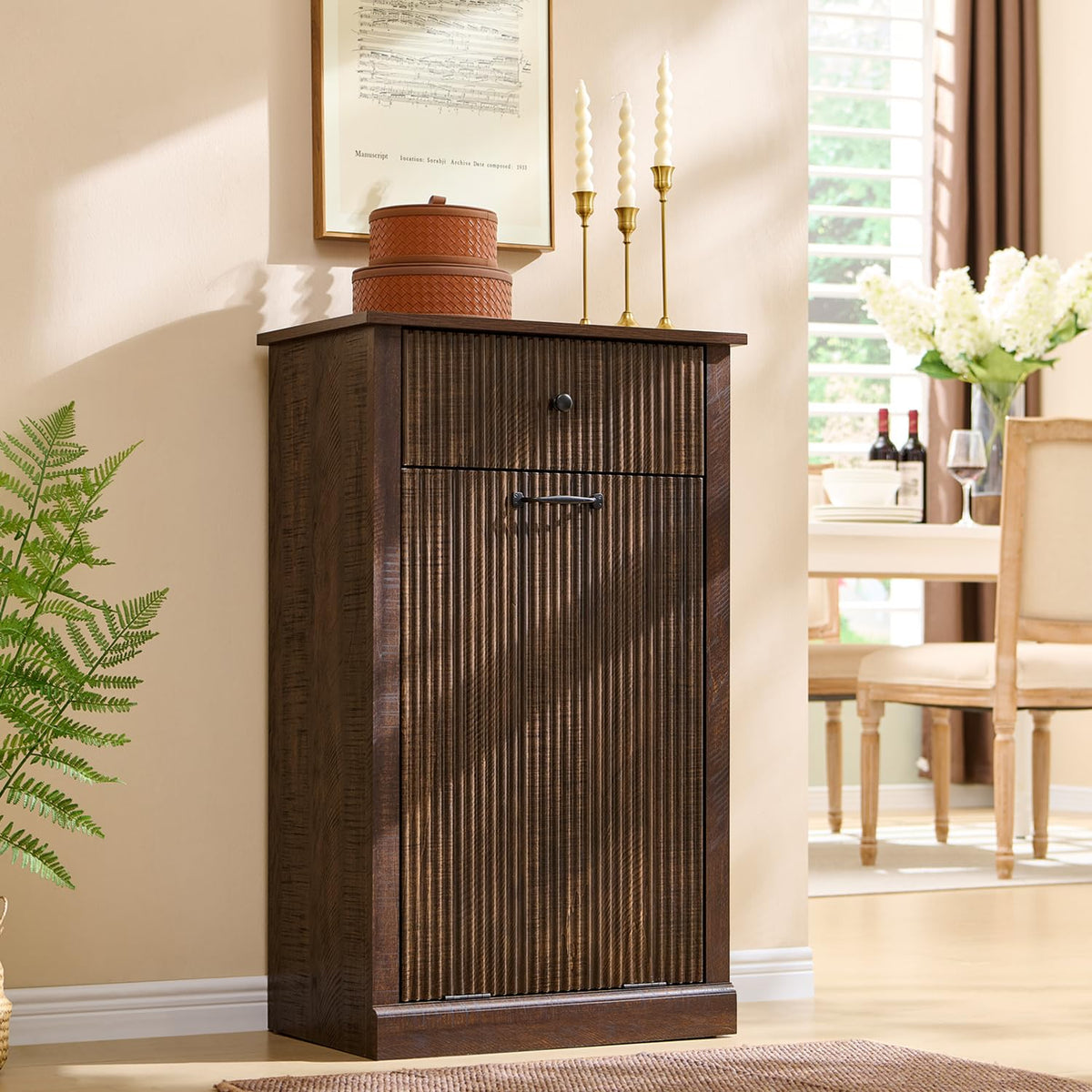 Modern Tilt-Out Trash Can Cabinet, 10 Gallon Fluted Laundry Hamper Cabinet with Drawers, Wooden