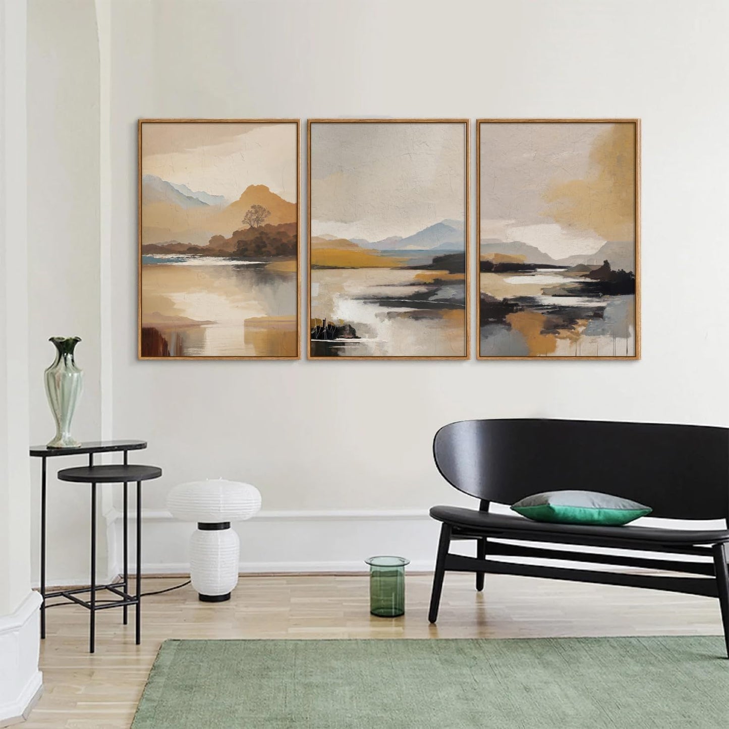Tinonedraw Beige Mountain Landscape Framed Canvas Wall Art, Abstract Mid Century Modern Wall Decor