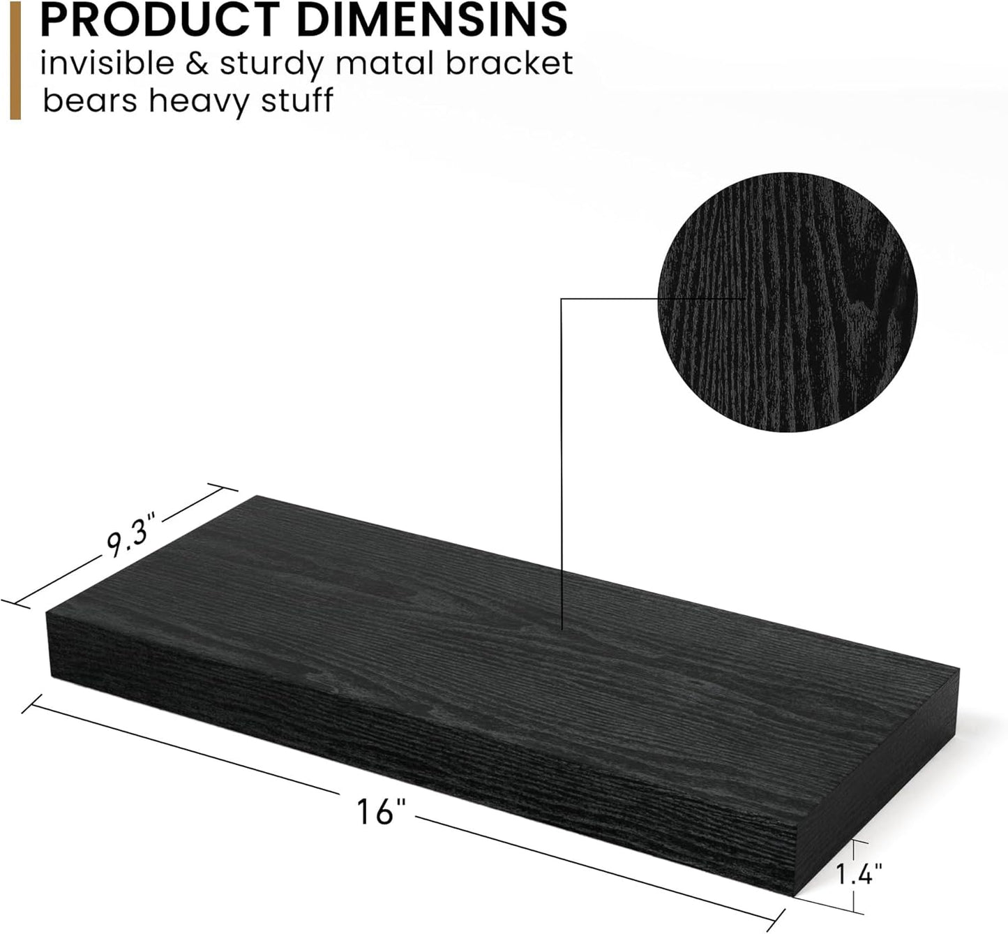 Fun Memories Deep Floating Shelves - 16" W x 9" D x 1.6" H Rustic Black Wall Shelf - Wall Mounted
