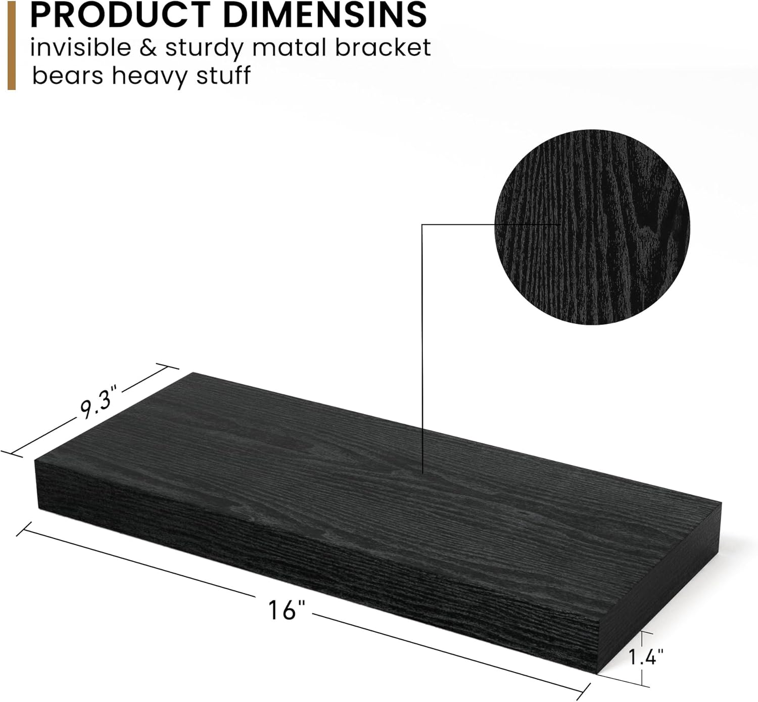 Fun Memories Deep Floating Shelves - 16" W x 9" D x 1.6" H Rustic Black Wall Shelf - Wall Mounted