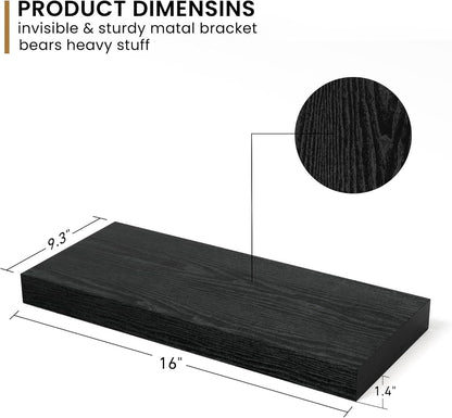 Fun Memories Deep Floating Shelves - 16" W x 9" D x 1.6" H Rustic Black Wall Shelf - Wall Mounted