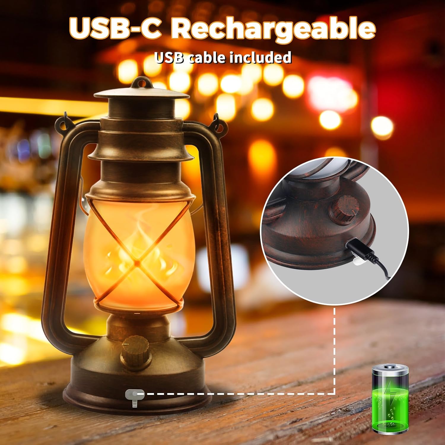 2 Pack Bronze Vintage 4 Modes Light LED Lanterns，Rechargeable Dancing Flame Lanterns Decorative