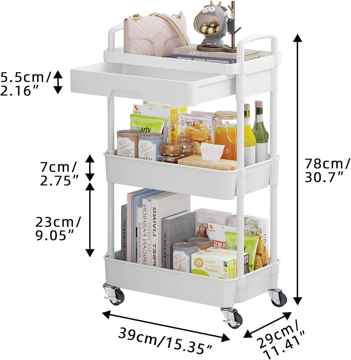 Calmootey 3-Tier Rolling Utility Cart with Drawer,Multifunctional Storage Organizer with Plastic