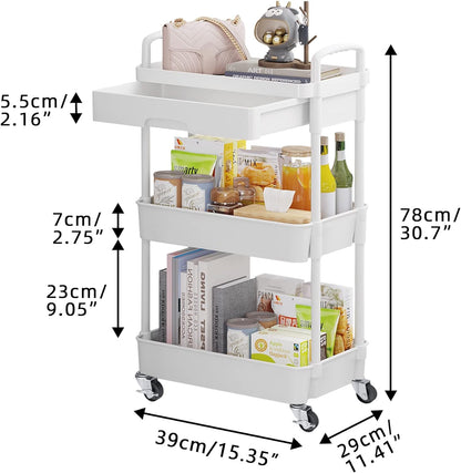 Calmootey 3-Tier Rolling Utility Cart with Drawer,Multifunctional Storage Organizer with Plastic