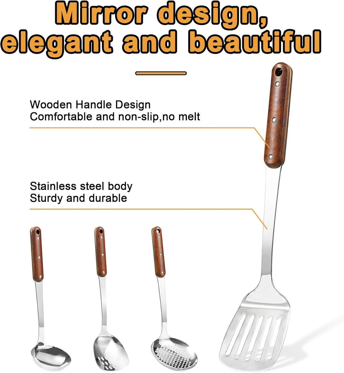 FJNATINH Stainless Steel Wok Spatula,Slotted Spatulas,Ladle,Skimmer Ladle Tool Set,Mirror Polished