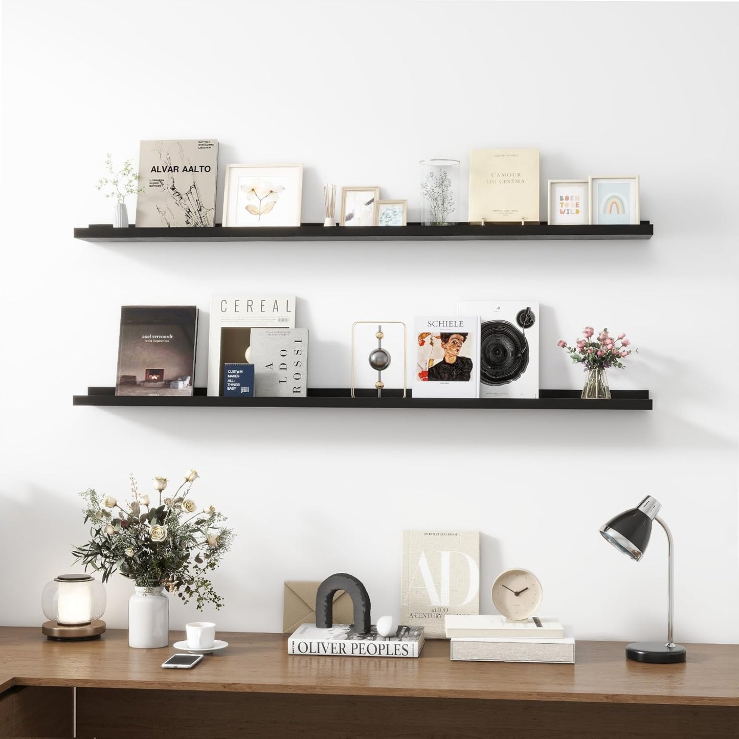 Picture Ledge Shelf, Wood Long Floating Shelves for Wall, Set of 2, 56 inch Picture Ledge Shelves