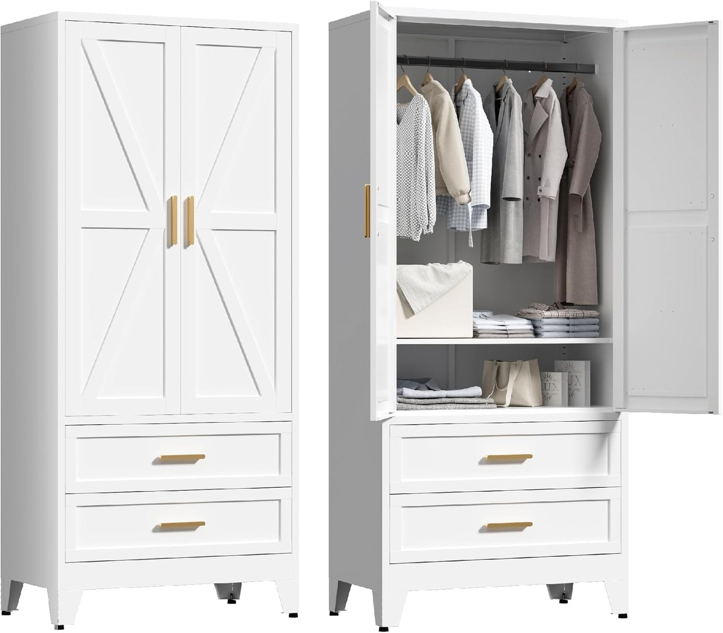71'' Farmhouse Metal Wardrobe Cabinet with Hanging Rod, 2 Barn Door Wardrobe Closet with Adjustable