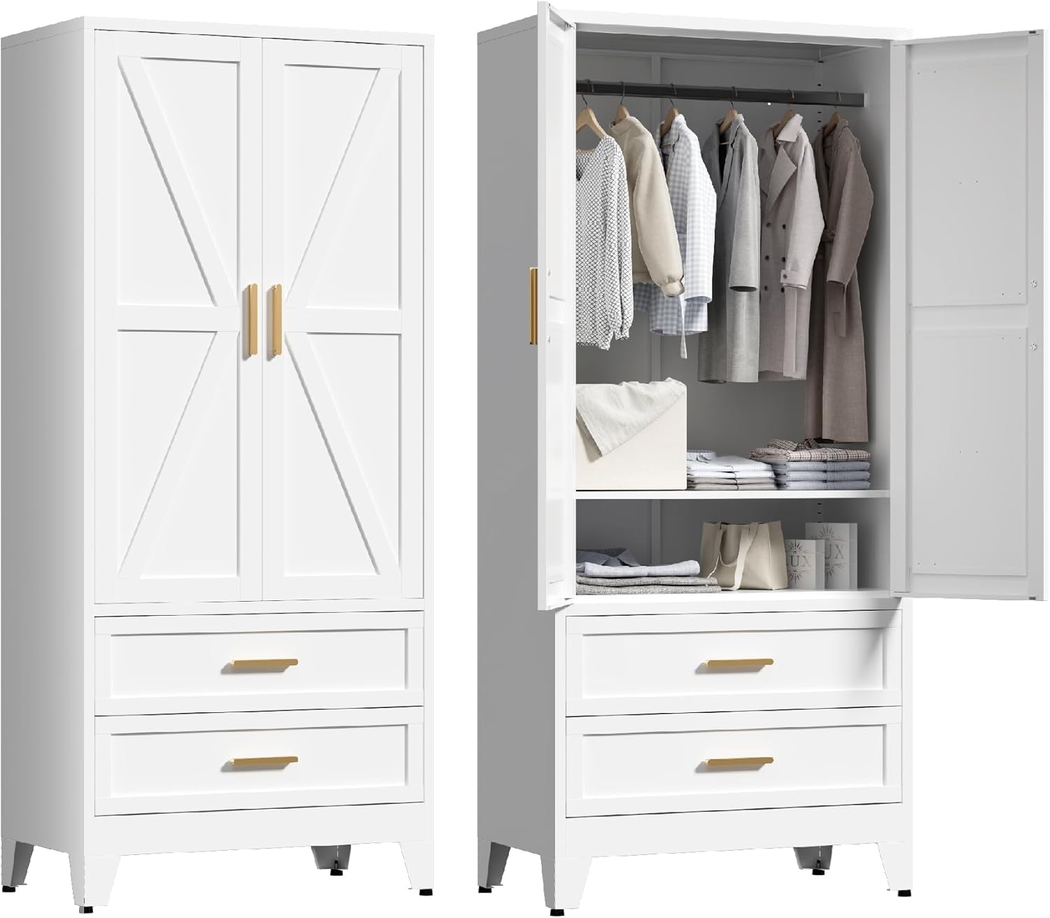 71'' Farmhouse Metal Wardrobe Cabinet with Hanging Rod, 2 Barn Door Wardrobe Closet with Adjustable
