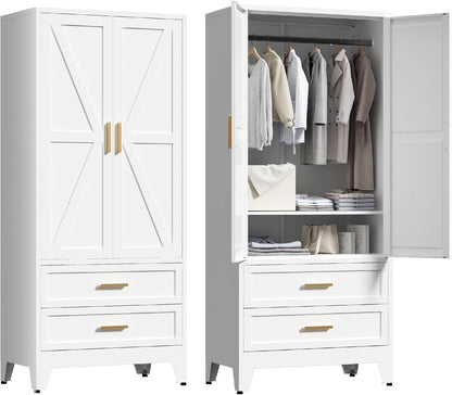 71'' Farmhouse Metal Wardrobe Cabinet with Hanging Rod, 2 Barn Door Wardrobe Closet with Adjustable
