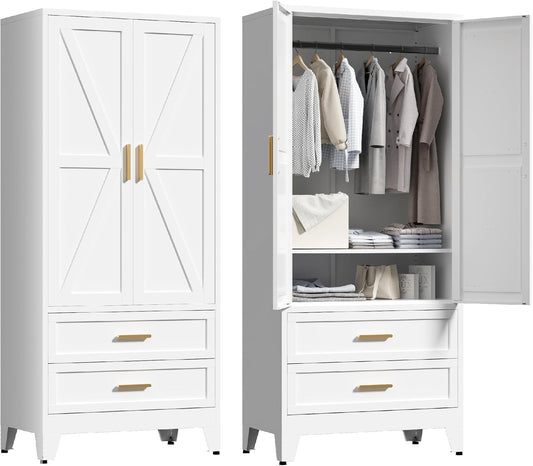 71'' Farmhouse Metal Wardrobe Cabinet with Hanging Rod, 2 Barn Door Wardrobe Closet with Adjustable
