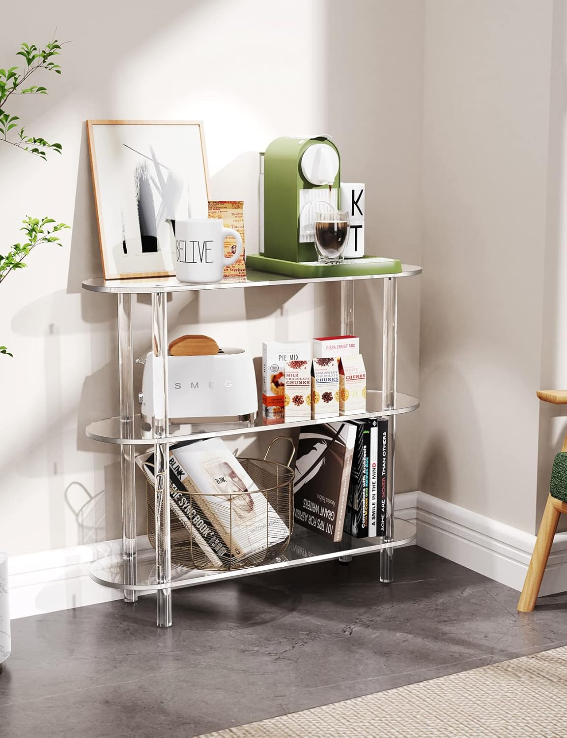 Clear Bookshelf, Acrylic Bookcase with Open Book Shelf Console Table for Entryway Office Living