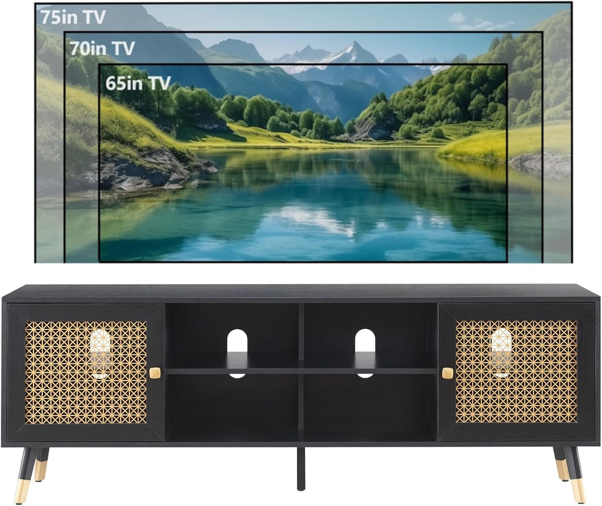 JYED Mid Century Modern TV Stand and Console for TVs Up to 75" - Black Entertainment Center, 2 Gold