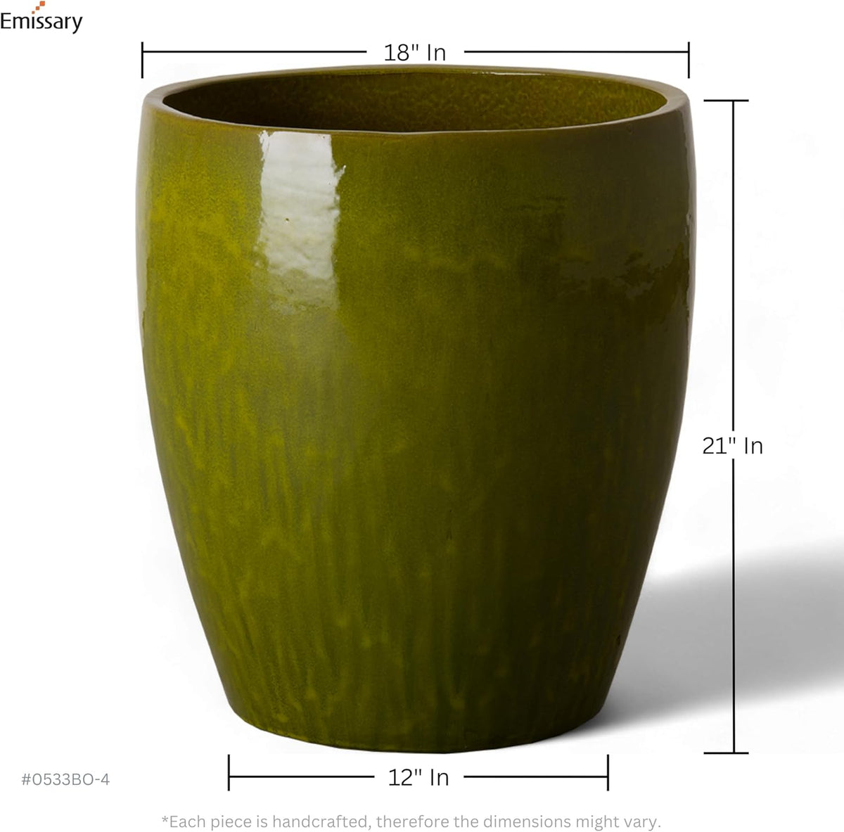 Emissary Bullet 18 in. Green Ceramic Round Planter (18 in. L x 18 in. W x 21 in. H) with Drainage