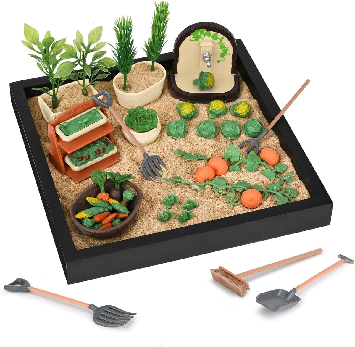 Dreamon Zen Sand Garden for Desk - Vegetable Gardening Themed Sand Tray Therapy Kit with 56