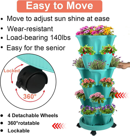 DUNCHATY Stackable Planter, Vertical Garden Planter with Wheels and Tools, Self Watering Strawberry