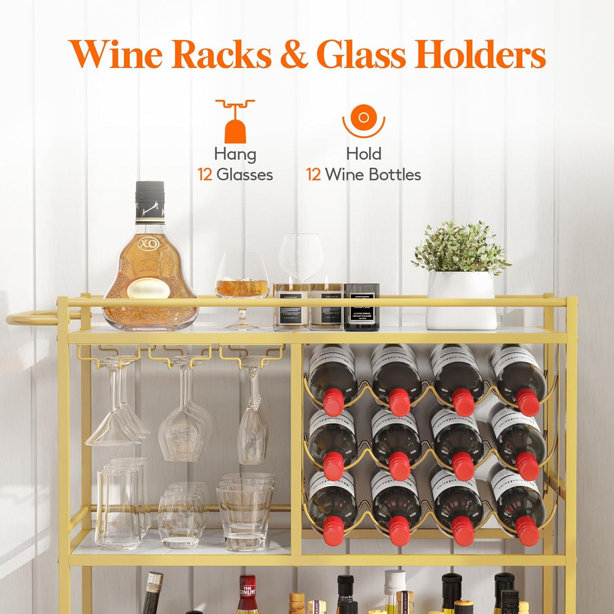 Lifewit Bar Cart for The Home, 3 Tier Drink Cart with Lockable Wheels, 12 Wine Rack and 3 Rows