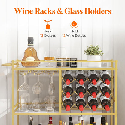 Lifewit Bar Cart for The Home, 3 Tier Drink Cart with Lockable Wheels, 12 Wine Rack and 3 Rows