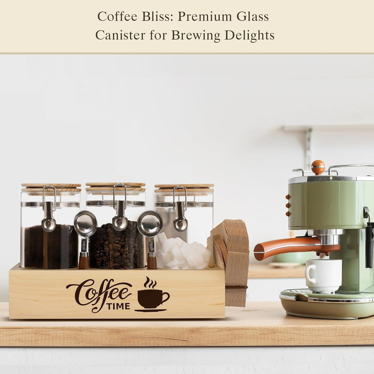 Glass Coffee Canister Set with Shelf & Spoons 3 Piece Coffee Containers for Ground Coffee Coffee