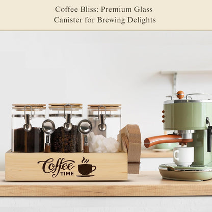Glass Coffee Canister Set with Shelf & Spoons 3 Piece Coffee Containers for Ground Coffee Coffee