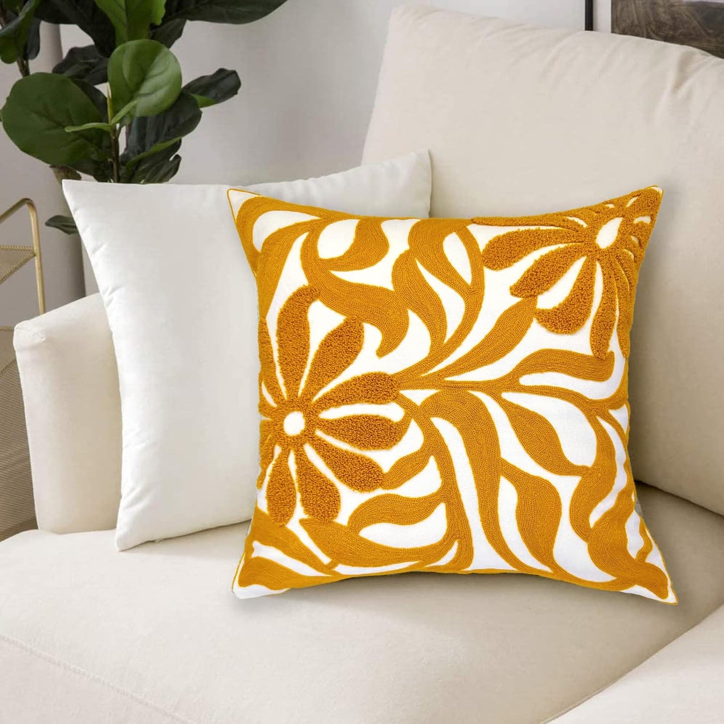 Alysheer Farmhouse Floral Leaves Embroidered Decorative Throw Pillow Cover 18x18 inches, Boho