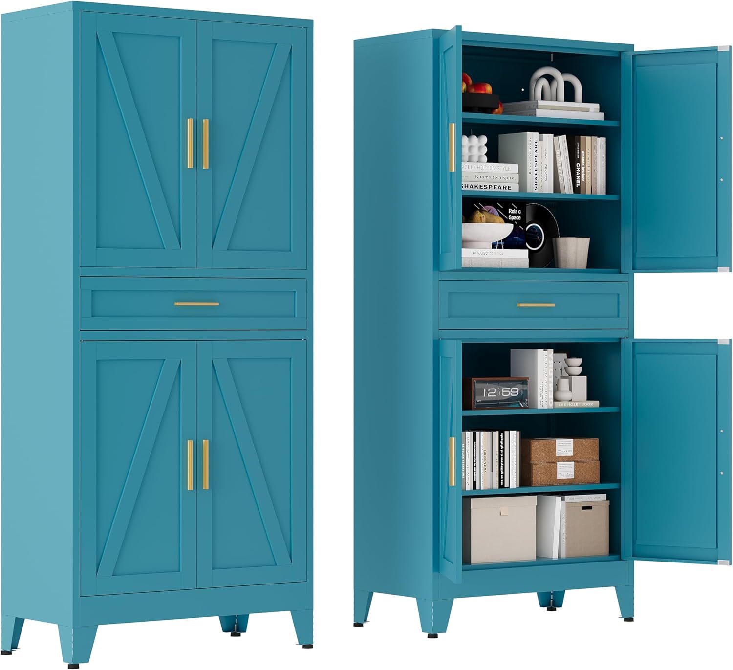 71 "Farmhouse Metal Filing Cabinet with a Drawer and 4 Adjustable Shelves, with 4 Large barn Door