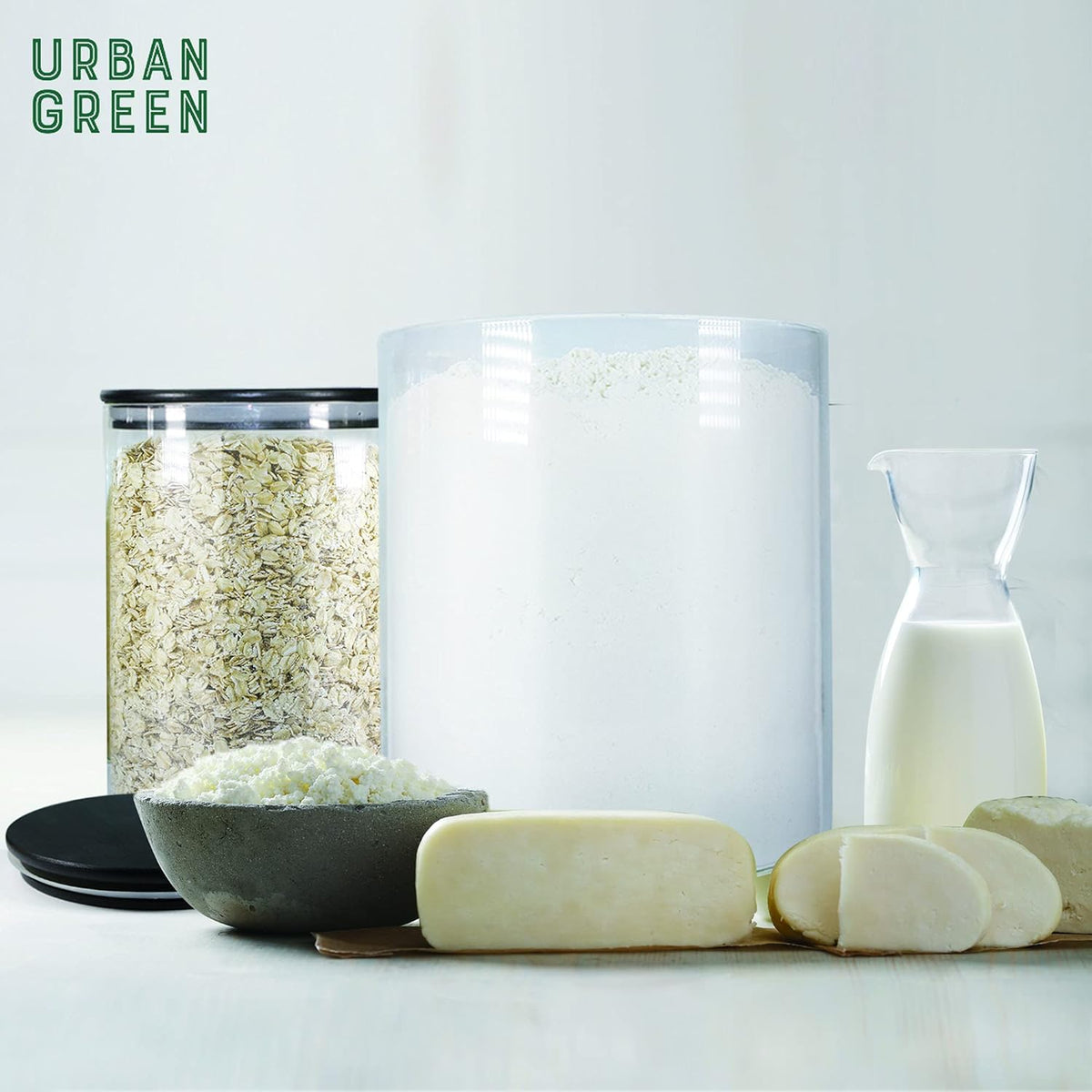Urban Green Glass Jars with Black Lids, Glass Food Storage Canister with black lids, Pantry Flour