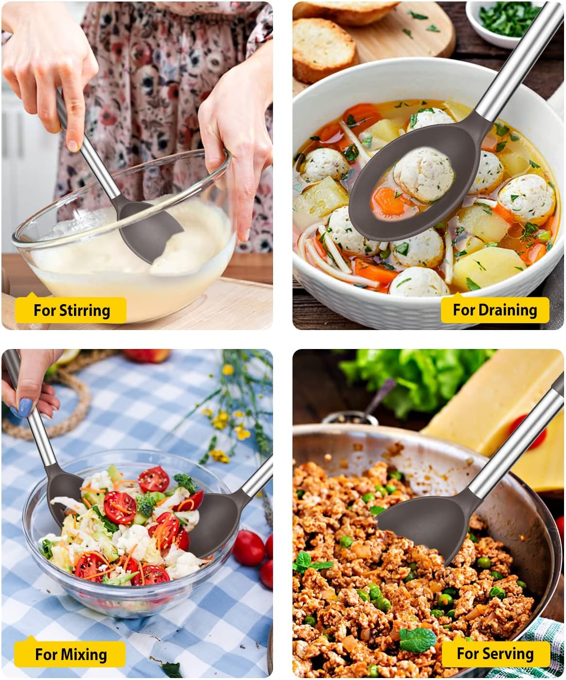 Pack of 2 Large Silicone Cooking Spoons,Non Stick Solid Basting Spoon,Heat-Resistant Kitchen