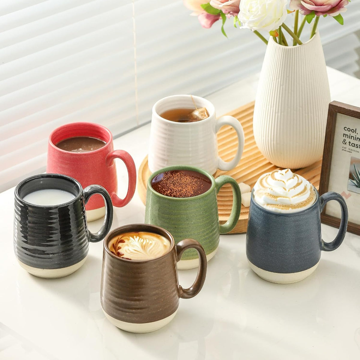 Hasense Porcelain Coffee Mugs Set of 6, 15 Ounce Large Ceramic Coffee Cups Set with Handle for