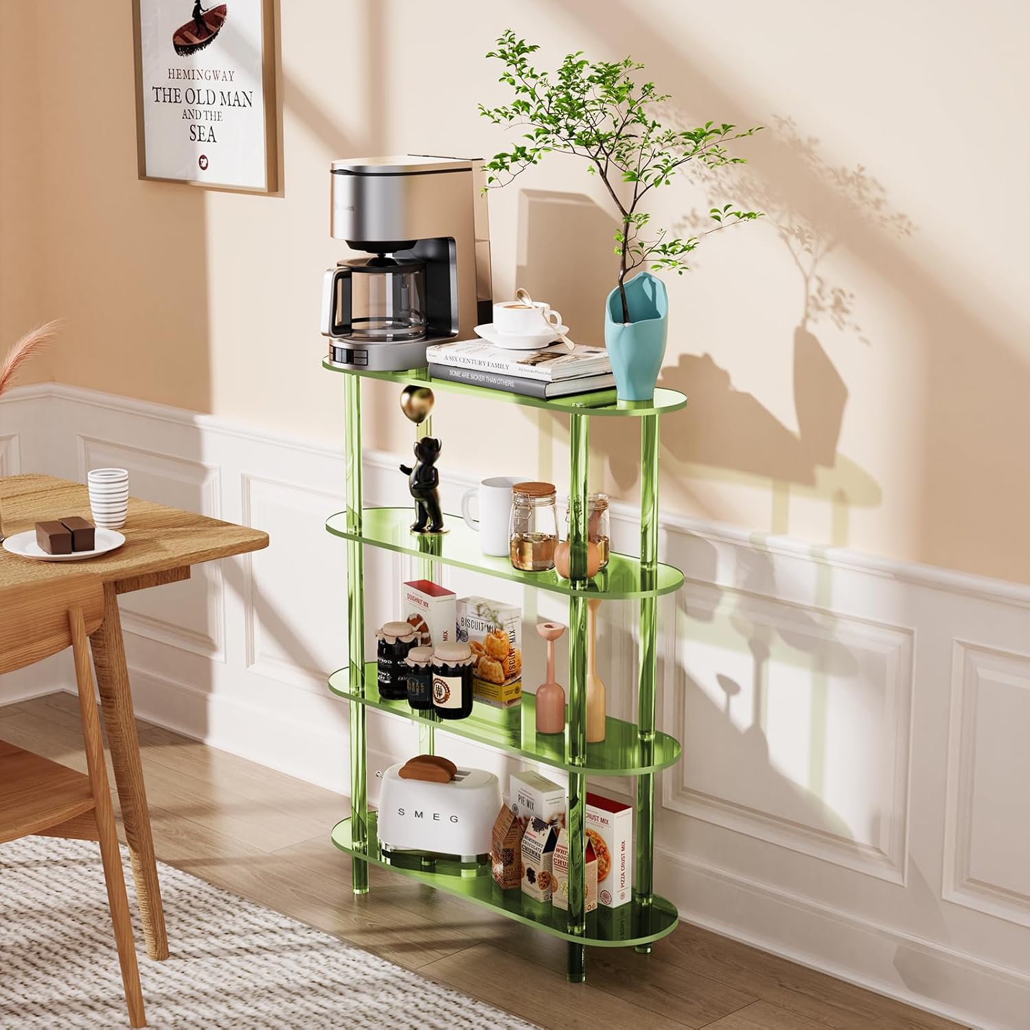Clear Bookshelf, Acrylic Bookcase with Open Book Shelf Console Table for Entryway Office (4 Tier