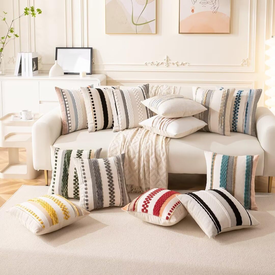 Boho Throw Pillow Covers 18x18 Set of 2 Christmas Decorative Cushion Case Striped Square Pillows