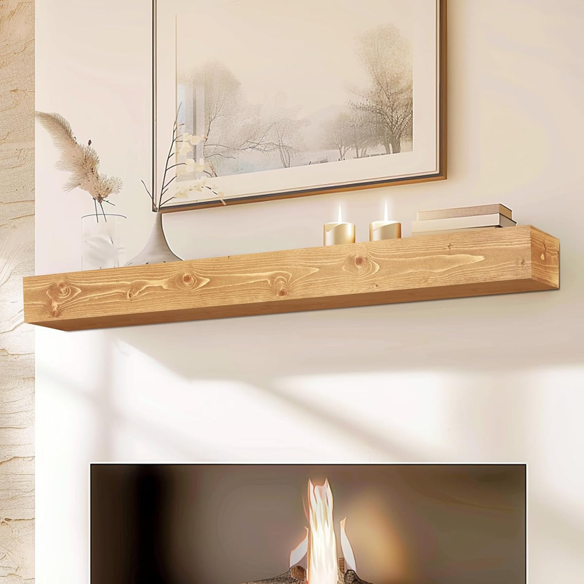 60x8x5 Fireplace Mantel - Handcrafted Rustic Solid Wood Wall Mounted Floating Shelf with Invisible
