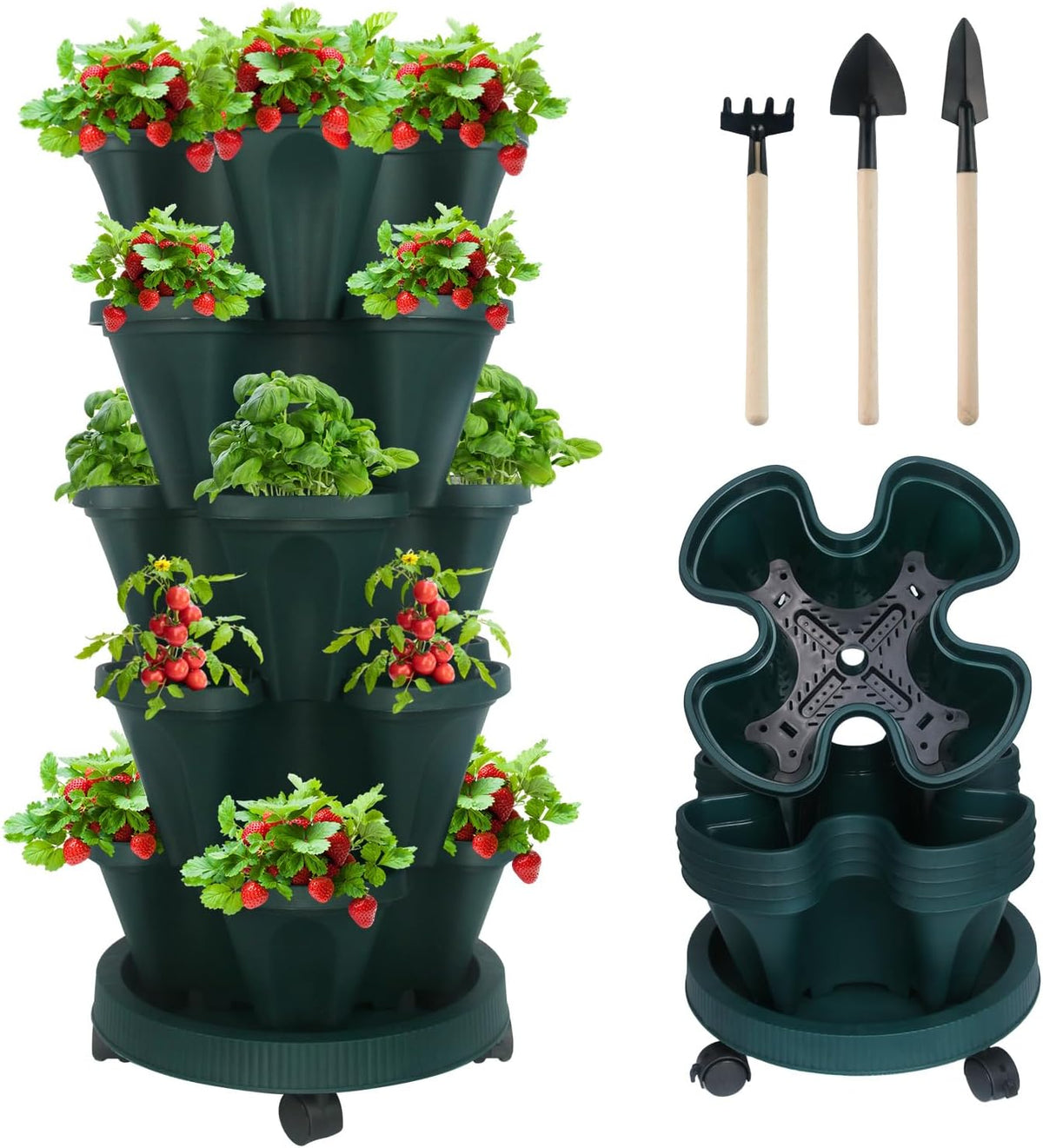 DUNCHATY Stackable Polypropylene Planters, 5-Tier, Pine Green, Indoor/Outdoor, 29" Height x 13.6"
