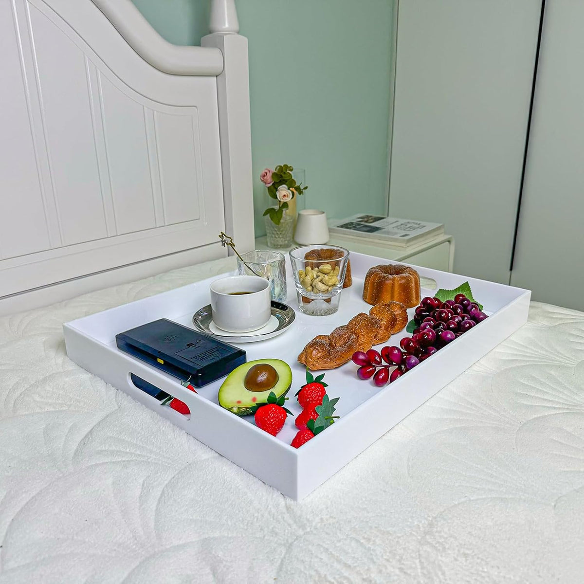 White Rectangular 16x20 Inches Acrylic Ottoman Tray Decorative Serving Tray with Cutout Handles
