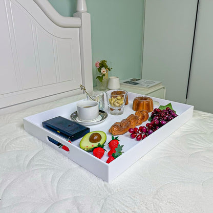 White Rectangular 16x20 Inches Acrylic Ottoman Tray Decorative Serving Tray with Cutout Handles
