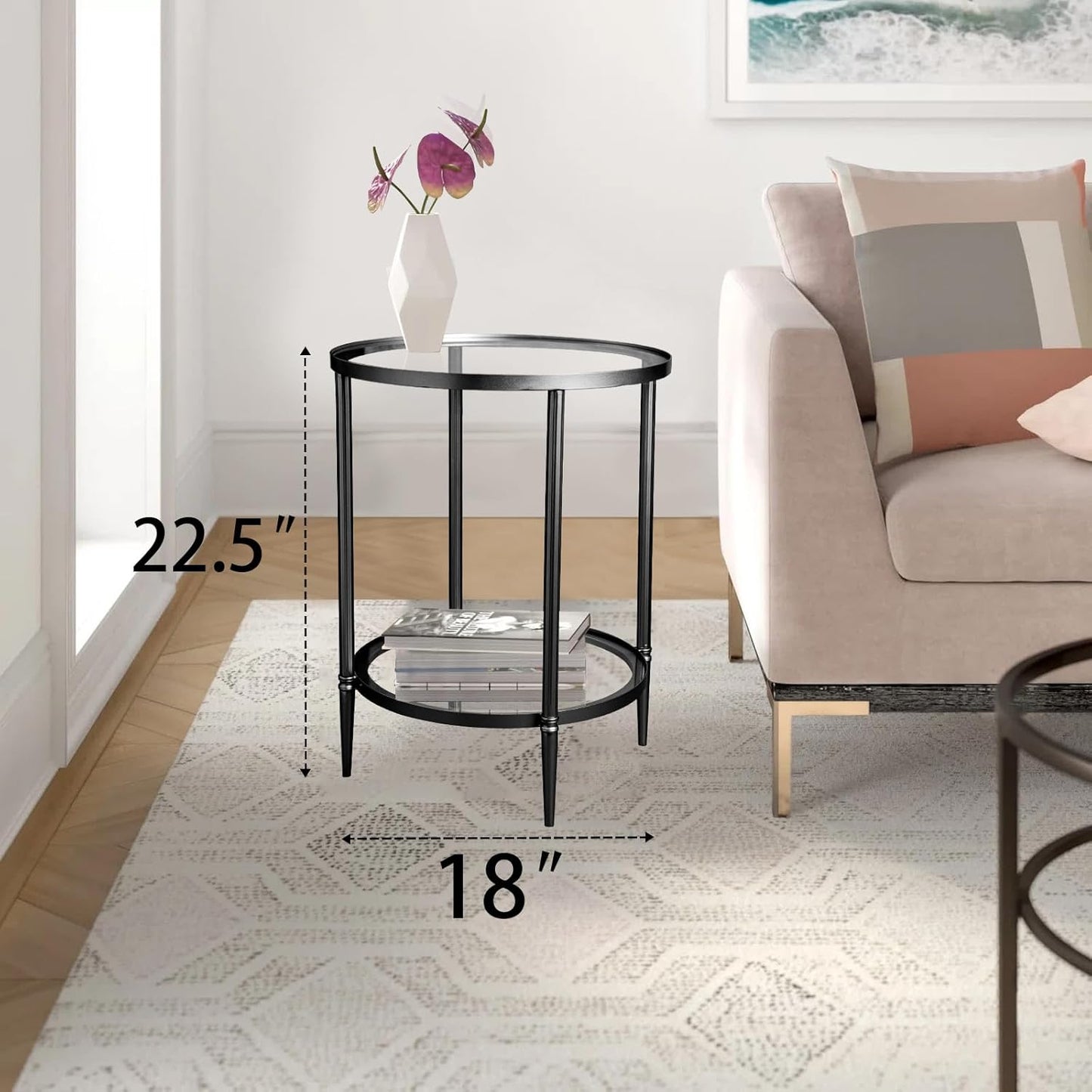 2 Tier Round Side Table, Black End Table with Glass Top, Modern Metal Clear Coffee Table，Small