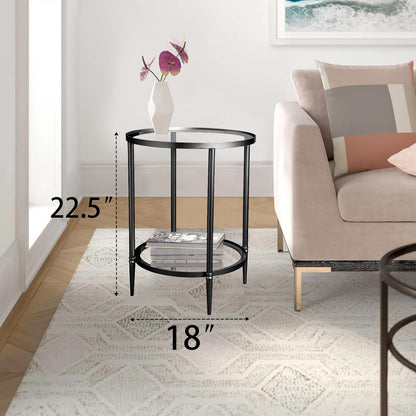 2 Tier Round Side Table, Black End Table with Glass Top, Modern Metal Clear Coffee Table，Small
