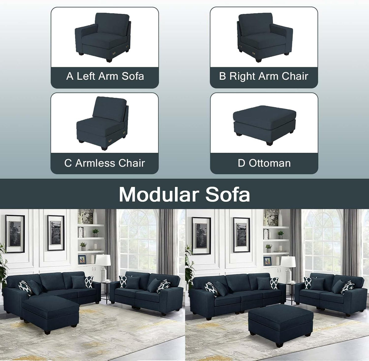 L Lengend Vansen Modular Sectional Sofa U Shaped Couch with Ottoman Modern Reversible Corner