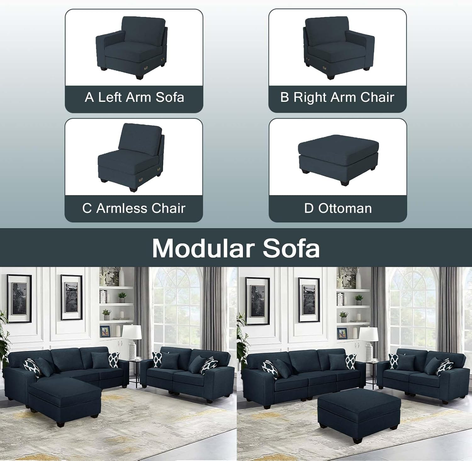 L Lengend Vansen Modular Sectional Sofa U Shaped Couch with Ottoman Modern Reversible Corner